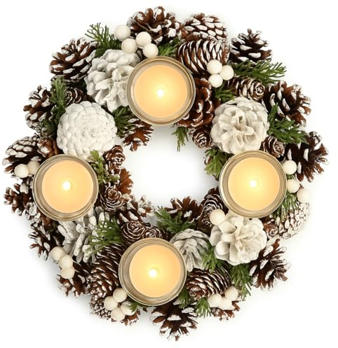 COM-FOUR® Couronne de Table pour Noël - Couronne de l'Avent Blanche avec cônes - Couronne décorative avec 4 photophores (Couronne de l'Avent L)