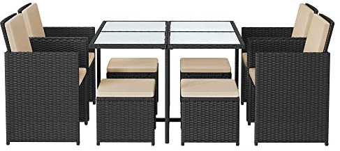 SONGMICS Gartenmöbel-Set Polyrattan Lounge, Esszimmermöbel, Esstisch und Stühle, 9er Set, aus PE-Rattan, Terrassenmöbel, Couchtisch mit Glasoberfläche, mit Kissen, platzsparend,schwarz-beige GGF009B02