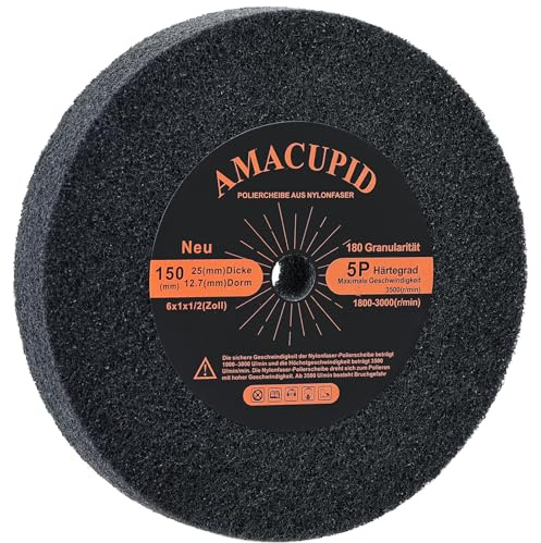 AmaCupid Polierscheibe aus gebürsteter Nylonfaser, 150 mm, Härte 5P. Geeignet für Doppelschleifmaschinen und Poliermaschinen. Polieren weicher Materialien wie Kupfer und Aluminium. 12,7 mm Spindel