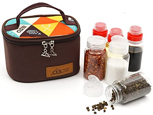 Joyeee Kit d'épices de camping vide en plastique sans danger – PET, 3 bouteilles d'épices liquides de 76,5 g et 3 mini pots à épices de 93,6 g avec sac de voyage, ensemble complet pour huile, sauce
