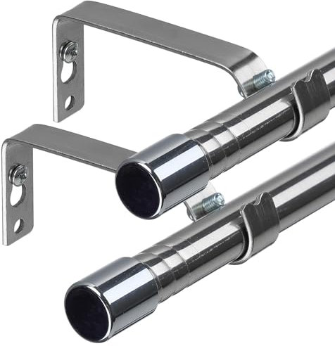 Curtain Poles for Window, Single Curtain Rod with Silver Finials 76 to 238 cm, Adjustable Silver Curtain Pole with Brackets Fittings Set for Living Room & Door, 2 Pack