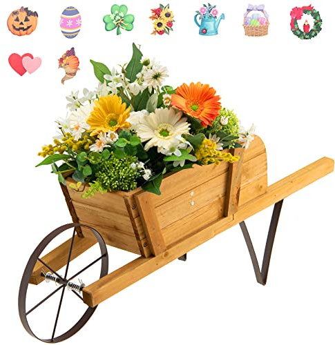 GIANTEX Wooden Wagon Planter, Small Wheelbarrow Wagon Flower, Indoor & Outdoor Raised Bed W/ 9 Magnetic Accessories, Wheel, 2 Handle, Wood Flower Cart Planter for Garden Backyard Holiday (Walnut)