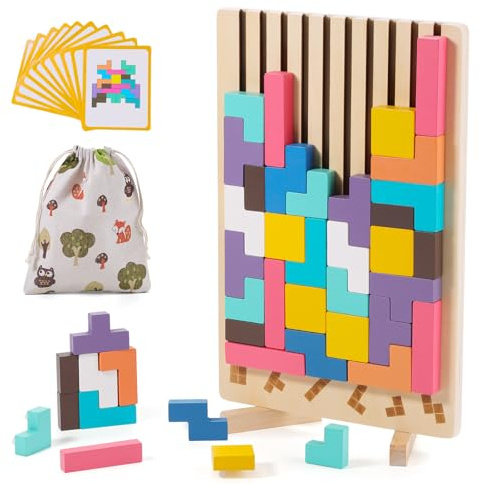 Holzpuzzle Tetris, Montessori Lernspielzeug 3 4 5 6 Jahre, 3D Stapelpuzzle Bunt Farben Formen Sortieren Stecken, Geometrie Puzzle, Gehirn Spielzeug Geschenk für Kinder Bags with Drawstring