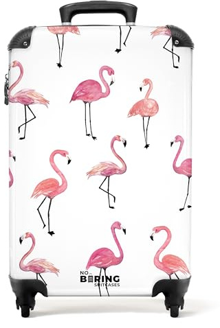 NoBoringSuitcases.com Valise Bagages Enfant Fille, Valise Cabine 55x35x25cm (Motif flamant rose - Blanc)