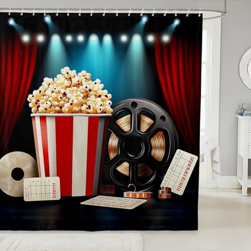 Homewish Vintage Cinema Ticket Shower Curtain Movie Theater Theme Bathroom Shower Curtain Set for Kids Adult Filmstrip Bath Curtain Popcorn Waterproof Curtains Room Decor 72 x 72 Inch