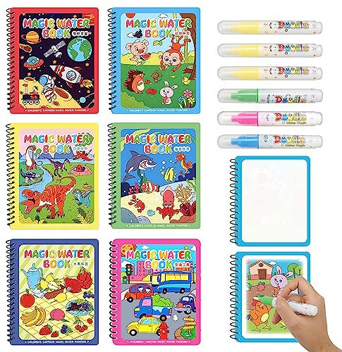 6 Piezas Libro de Dibujo de Agua Mágica, Libro Infantil de Dibujos Al Agua con 6 Bolígrafos, Libro Magico Agua Dibujar Agua Niño Reutilizable, Magic Water Drawing Book Educación Dibujo Juguete Regalo