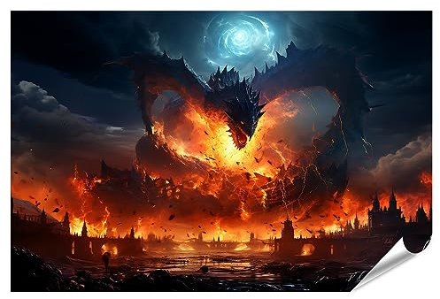 islandburner XXL Poster Drache speit Feuer über der Stadt Fantasy Feuerdrache Premium Bilder Fotodruck