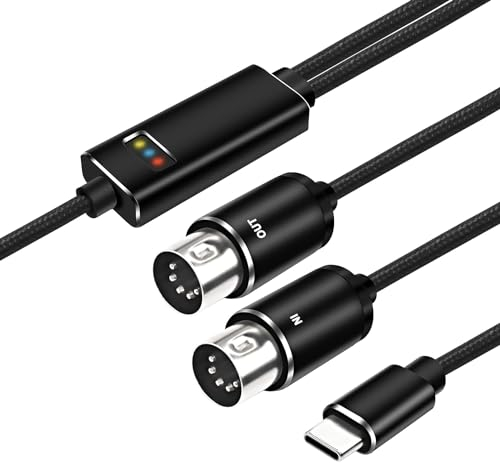 XMSJSIY 2M MIDI to USB C Type-C Interface Cable Adapter, 5 Pin MIDI to Type-C Input&Output Adapter Cord Converter for Piano Keyboard to PC Mac Laptop with LED Indicator