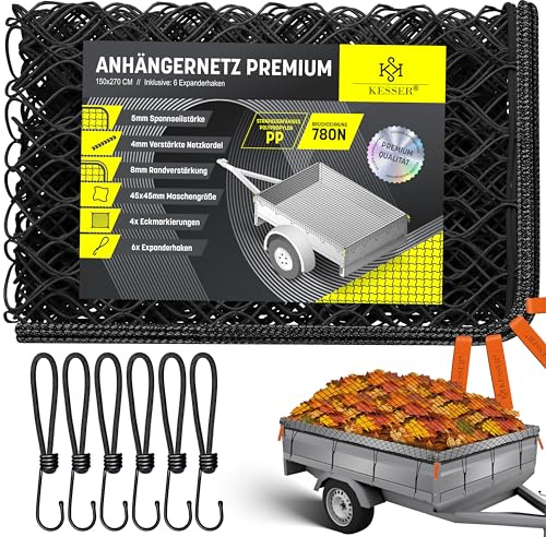 KESSER® Rete per rimorchi a maglia fine con ganci | Rete per rimorchi | Rete per container per la messa in sicurezza del carico | Rete di sicurezza | 150 x 270cm - Verde