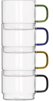 Brandani 51014 TAZZINA BRIDGE IMPILABILE COLORI ASSORTITI SET 4 PZ VETRO, cm d 6x5h, 100 ml, Lavastoviglie, impilabili! Salva spazio con stile! manici in quattro diversi colori assortiti