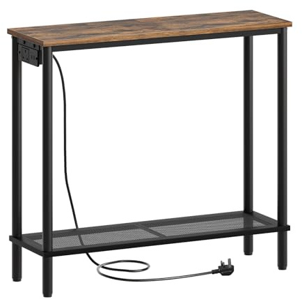 YATINEY Slim Console Table, Hallway Table with Power Outlet, 2-Tier Entryway Table with Storage Shelf, Behind Sofa Table for Living Room, Entryway, Rustic Brown and Black XCT02KBR