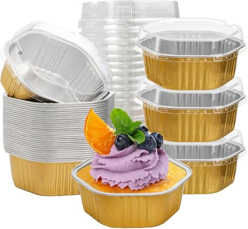 Frcctre 35 Pack 13 Oz/370 ML Aluminum Foil Baking Cups with Lids, Disposable Hexagon Aluminum Foil Ramekins Cupcake Baking Pans Muffin Liners Cups Brownie Pudding Desserts Holders