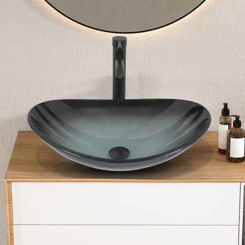 ZealWe Waschbecken Aufsatzwaschbecken Glas, Waschbecken Aufsatz Waschschale Oval für Badezimmer, Handwaschbecken Gäste WC 53 × 35 × 15,5 cm Waschtisch Waschplatz, Dunkelgrün