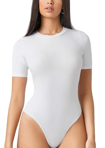 Hanyomo kortärmad bodysuit för kvinnor, basic, stretch, t-shirts, yogapoppar, lediga onesies, Vit, M