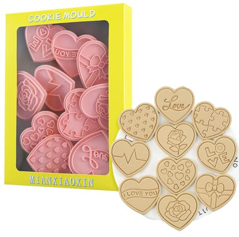 Heart Cookie Cutter Set,10PCS Valentines Cookie Cutter,3D Heart Shaped Cookie Cutters Stamp for DIY Baking Decoration Supplies