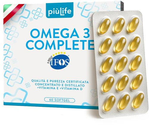 Omega 3 IFOS 5 Stelle Certificato Con Vitamina D3 2000 UI PiùLife, 60 Softgel 2000mg EPA, 1000mg DHA Dose, Olio di Pesce Omega 3 Capsule Fish Oil, Trigliceridi, Cuore, Vista, Ossa, Cervello