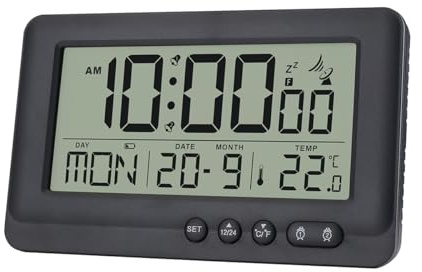 Teepacioka Funkwecker Digital mit Automatische Zeit, Datum, 5-Minuten Snooze, Temperaturanzeige, Kunststoff Digitaler Wecker, 2 x AAA-Batterie (Nicht im Lieferumfang enthalten) (Schwarz)