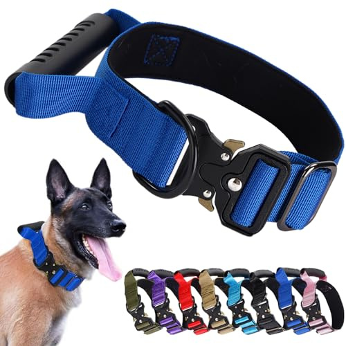 JSXD Taktisches Hundehalsband, 3,8 cm breit, strapazierfähiges Hundehalsband mit Griff, Metall-Schnellverschluss-Schnalle, verstellbar, Militär, dickes Halsband für mittelgroße und große Hunde (Blau