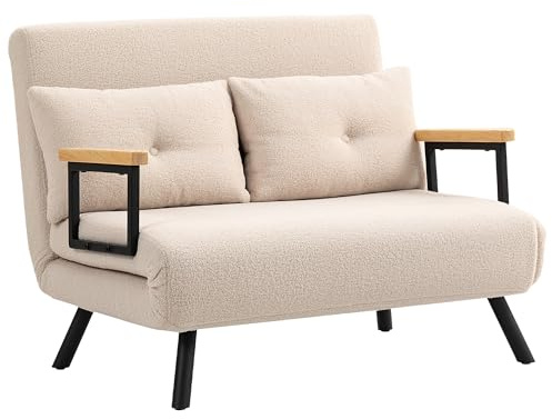 HOMCOM Sofá Cama de 2 Plazas 4 en 1 Sofá Cama Plegable Tapizado en Borreguito con Respaldo Ajustable de 5 Niveles y Almohadas Acolchadas para Oficina Dormitorio Salón 102x73x81 cm Beige