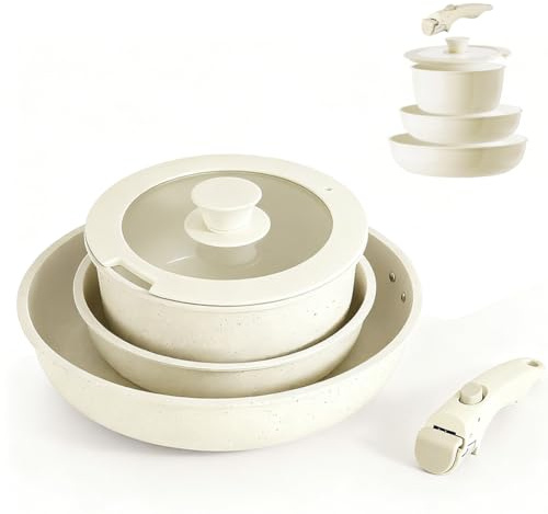 Batterie de Cuisine Céramique Antiadhésive avec Poignée Amovible, Set Poêles et Casseroles 3 en 1, Tous Feux dont Induction, Compatible Four et Lave Vaisselle, Cuisine Saine