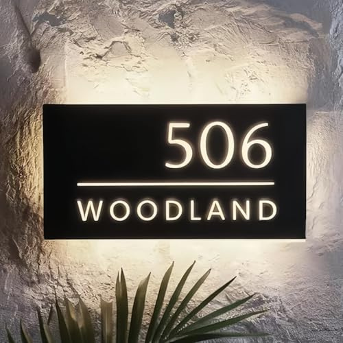 HDLOVE Letrero De Número De Casa Iluminado Con Retroiluminación Personalizado, Placa De Número De Casa Moderna For Decoración Del Hogar, Placa De Dirección LED Impermeable, Estilo Art Déco
