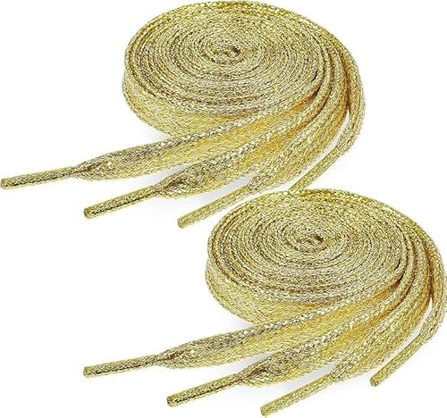 TIESOME 2 par guldglitter skosnören, gyllene platta skosnören, 120 cm långa 9 mm breda metalliska glänsande för sportskor och sneakers