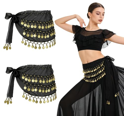 GYIOFAI 2 Piezas Negro Cinturón Danza del Vientre,Falda de Gasa para Danza Vientre de 145 cm de Largo,Traje de Actuación, para Mujeres y Niñas Danza del Vientre Yoga Latino (Negro)