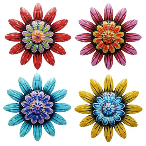 Homeponnew 4 Stück Metall Blumen Wandkunst Set - Rostbeständige Eisen Gartenskulptur für Außen & Innen Dekor, Blau/Rot/Hellrot/Gelb