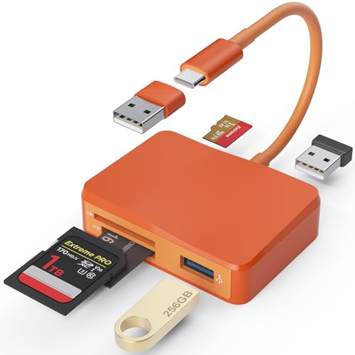 SD Card Reader, 5 in 1 USB-C & USB Card Adapter with SD/MicroSD/MS and Dual USB-A Ports Memory Card Reader for iPhone 17/16/15 Pro Max iPad MacBook Pro/Air M4/M3 Android Phone/Tablet PC (Orange)