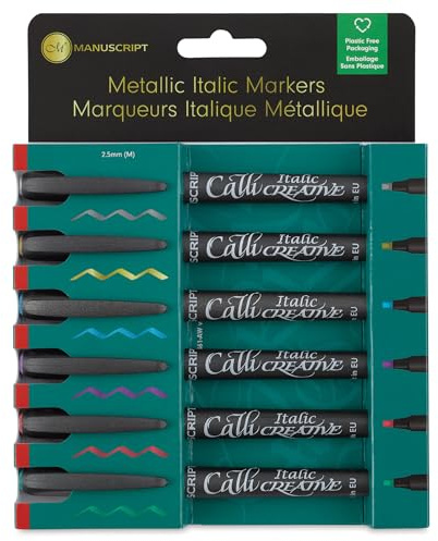 Manuscript Callicreative Metallic Italic Markers – 6 Pieces – Callicreative metallic markers with 2.4mm Italic Chisel nibs, 6 Metallic Colours – Ideal for Exploring The Art of Hand Lettering! Medium