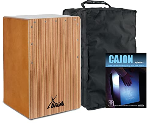 XDrum Cajon El Bajo Bass Port Walnut/Zebra Set (hochwertige Cajon mit Bass POrt, Edelholz-Furnier-Schlagflächen & fest installiertem Snare Teppich inkl. Gigbag & Cajonschule für Einsteiger)