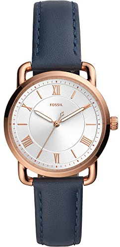 Fossil Damenuhr Copeland, Quarzwerk, 34mm Rose Gold Edelstahlgehäuse mit Lederarmband, ES4824, Blau