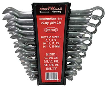 Kraftwelle Ringmaulschlüssel Set 22-teilig Zoll und Metrisch Ring-Maulschlüssel Satz 6–22 mm u. 1/4–7/8 Zoll