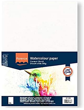 Florence 2911-9005 Glattes Aquarellpapier, Weiß, 300 Gramm/m², 25 Stück, DIN A3, für Aquarellmalerei, Handlettering, Brush Lettering und andere Papierbasteleien, Papier