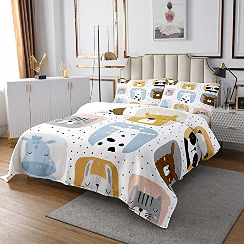 Kinder Cartoon BettSpread 220x240 Mädchen Jungen Nette Katzen Panda Steppgedeckte Alpaka Schöne Tier Coveret Set, Zebra Bär Wild Life Quilt Set für Schlafzimmer Dekor mit 2 Kissenbezüge