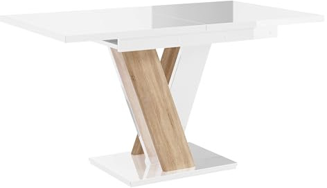 Mirjan24 Tisch für Esszimmer Atraks, Rechteckiger Esstisch, Praktischer Auszugstisch, Küchentisch, Esszimmertisch, Ausziehtisch (Weiß Hochglanz/Sonoma Eiche)