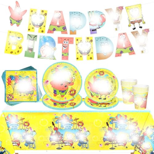Gebutstag Deko Partygeschirr,52 Stück Geschirr Kit,Party Supplies Set,Teller,Becher, Servietten ,Tischdecke,Happy Birthday Wimpel Banner für Partyzubehör Junge Mädchen Dekorationen