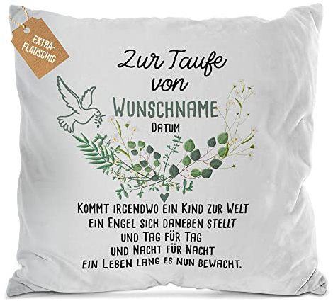 Print Royal PR Flauschiges Kissen zur Taufe mit Name & Datum - Kommt EIN Kind zur Welt - Geschenke zur Taufe, personalisierte Taufgeschenke Patenkind | inkl. Kissenfüllung, Weiß, 40 x 40 cm