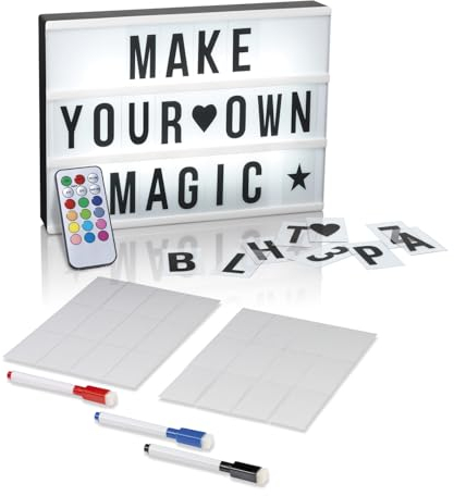 EASYmaxx LED Leuchtkasten mit Farbwechsel plus Schreibset | 173 Buchstaben mit Sonderzeichen + Symbole, A4 - Format | Batteriebetrieben, USB Anschluss