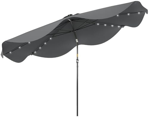 Outsunny 3(m) Garden Parasol Umbrella with 32 Solar LED Lights and Tilt, Outdoor Market Table Umbrella Sun Shade Canopy with Crank, 8 Ribs, Dark Grey