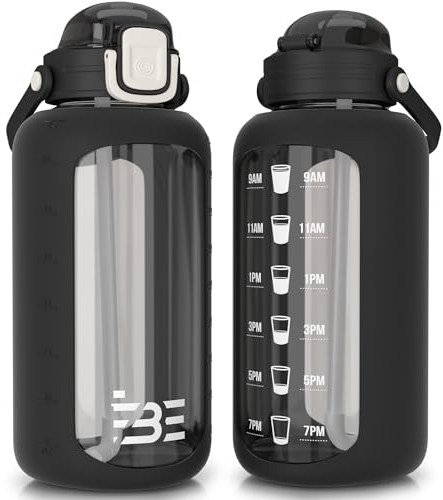 Be-Active Glass Water Bottle 2.2 Litre with Times to Drink - Borosilicate Glass – Motivational bottles - BPA Free (Black)
