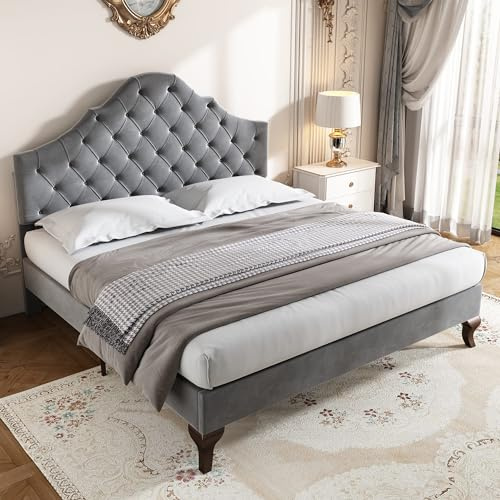 HYUB Polsterbett 140x200cm, Bett mit Lattenrost, Doppelbett mit Rückenlehne & Höhenverstellbares Kopfteil, Hautfreundliche Flanellstoff, für Erwachsene & Jugendliche, Ohne Matratze, Grau