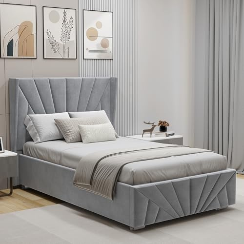 Upholstered Ottoman Bed Single Bed Frame UKFR Velvet Grey Ottoman Storage Bed With Gas Lift End Opening Wooden Slats With Storage Bed (3ft Single 90 x 190, No Mattress)