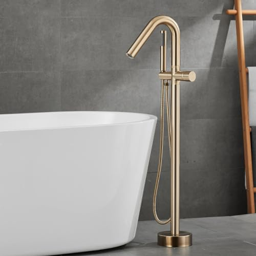 Badewannenarmatur Freistehend mit Handbrause, Freistehende Wannenarmatur Wasser Kalt und Heiß Messing Mischbatterie Badewanne Freistehend-Gebürstetes Gold