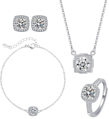4pcs Cubic Zirconia Wedding Jewelry Sets for Bride Bridesmaid Cubic Zirconia Pendant Necklace Earrings Link Tennis Bracelet Open Ring Set for Women Birthday/Valentine's Day/Mother's Day/Christmas