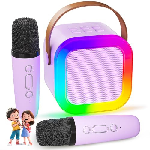 Micro Karaoke Enfant IROO Karaoke Enfant avec 2 Microphones, Microphone pour Filles Cadeaux pour Enfants Enceinte Bluetooth Portable avec Effets de Changeur de Voix et Lumières LED (Violet)