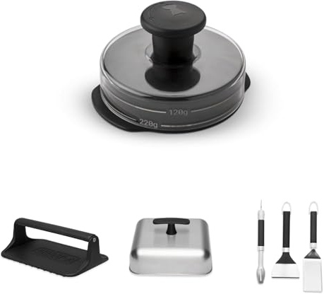 Weber Pressa per Hamburger, Negro, 6400 + Pressa per Hamburger per Piastra Grill, 6785 + Cúpula Fundidora/Campana para Planchas/Parrillas + Set di Strumenti per Piastre Portatili, 3400074