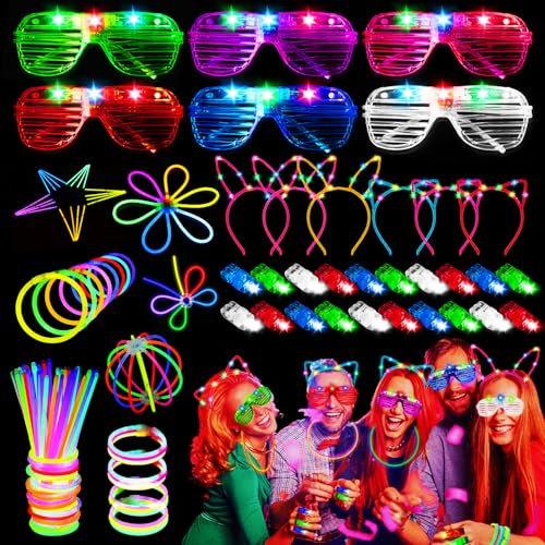 Braccialetti Luminosi Fluorescenti 82 Pezzi, 6 Occhiali Led, 50 Bracciali Luminosi Fluorescenti con 20 Luci da Dito, 6 Fasce Capelli Luminose, Gadget Compleanno Bambini per Festa Matrimoni Carnevale