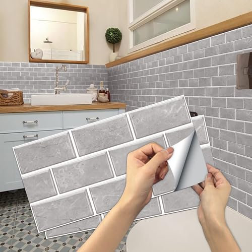 BUYBLIFE Grigio Adesivi per Piastrelle, 12 Pezzi Retro Piastrelle Adesive per Cucina 15x30cm PVC Autoadesiva Resistente al Calore Impermeabile Vinile Decorazione Della Casa per Bagno