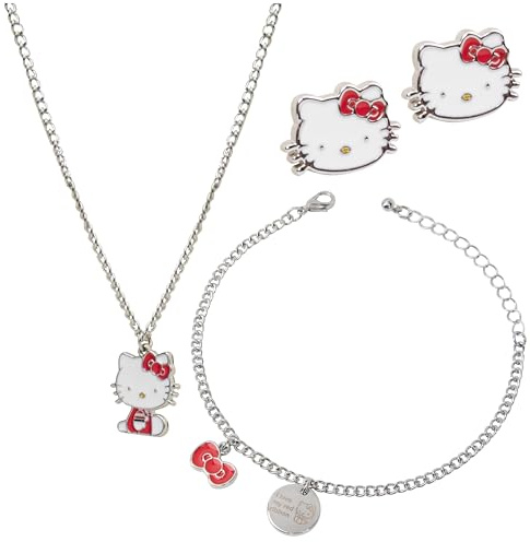 Hello Kitty Parure Bijoux Enfants Fille, Collier, Bracelet et Boucles d’Oreilles - Cadeau Ado Fille